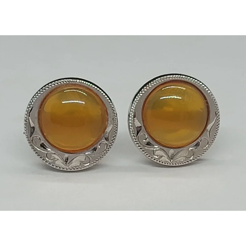 Set Of Baltic Amber Etched Scroll Cuff Links Marked